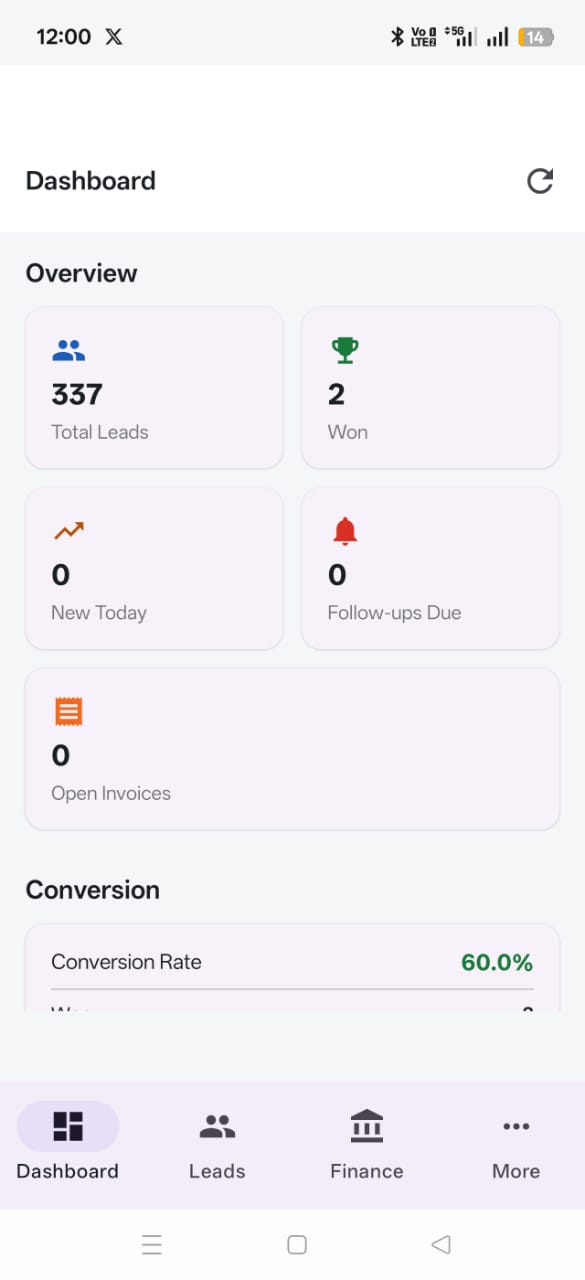 Verified Enquiries CRM mobile app showing leads overview and conversion rate